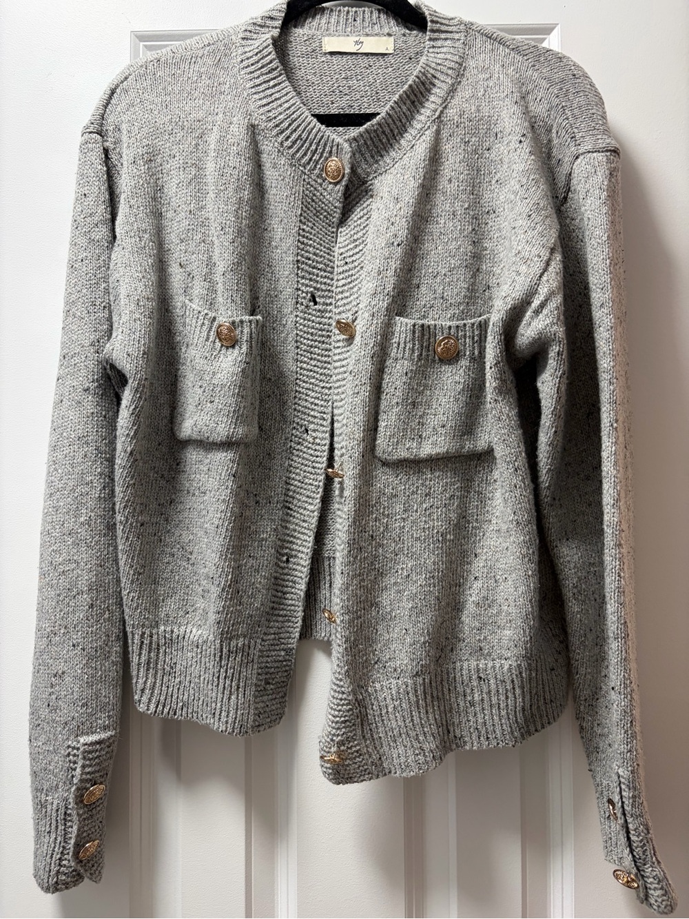Textured Gray Wool-Blend Cardigan with Gold Buttons